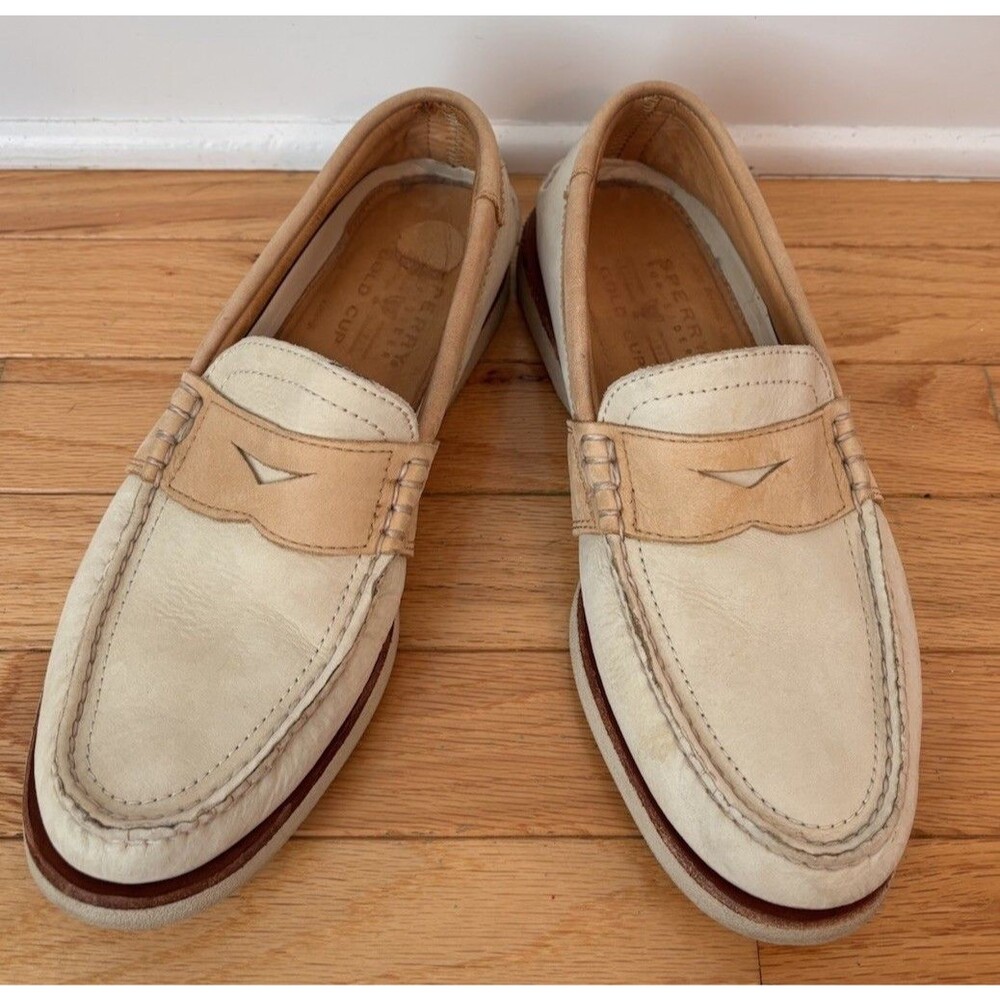 Sperry Gold Cup Loafers Mens 8.5M Tan Cream Leather Slip On Boat Shoes Casual